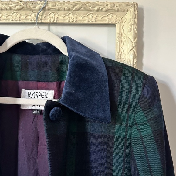 KASPER FOR A.S.L. | Vintage Purple Green & Blue Plaid Blazer with Velour Detail - Picture 9 of 16